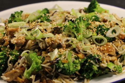 Sesame Toasted Basmati Rice with Aubergine, Broccoli and Mushrooms, Lime Ginger Dressing